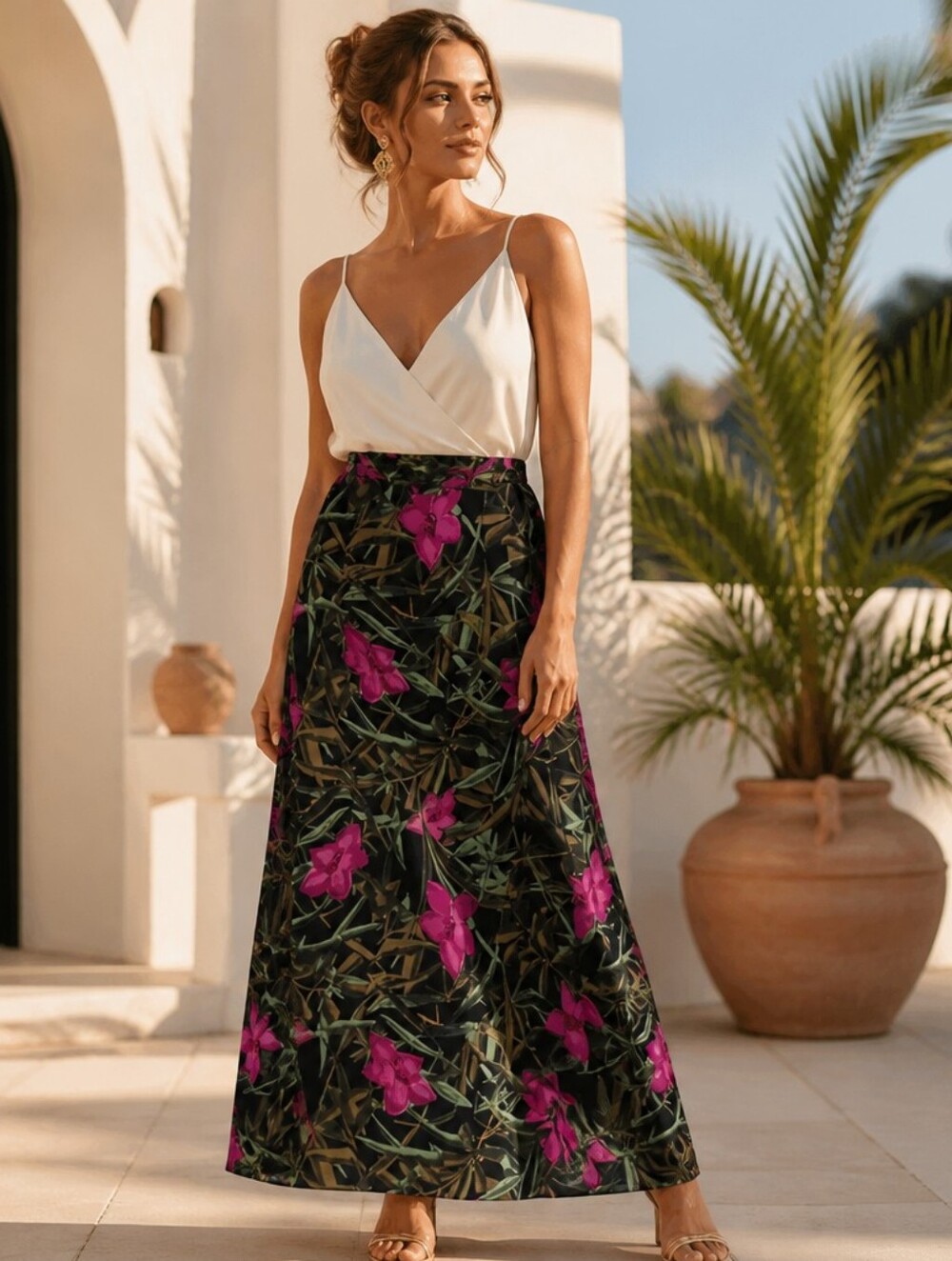 Chico's Floral Maxi Skirt in Black with Pink & Green Print